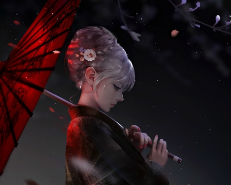 Breeze - yue yue, geisha, flower, frumusete, black, fantasy, umbrella, parasol, red, art, asian, luminos