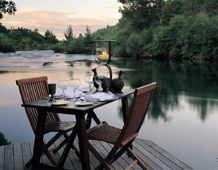 table by the river - nature, table, beach, river