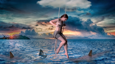 Lovely Girl - swing, sharks, woman, sky