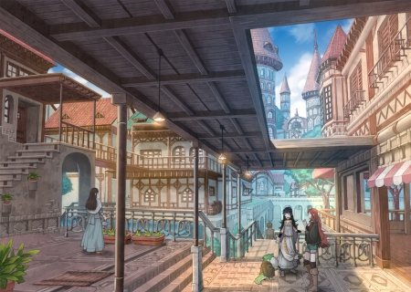 Anime City - girls, anime, scenery, orginal, city, art, building