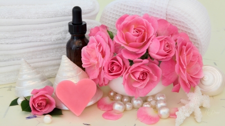 Essence of Roses - pink roses, pearls, heealth, hearts, sea shells, tranquil, spa, flowers, firefox persona theme, essential oil, relax