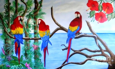 Tropical Paradise - birds, oceans, summer, attractions in dreams, paintings, sea, flowers, nature, tropical, paradise, love four seasons, draw and paint, animals