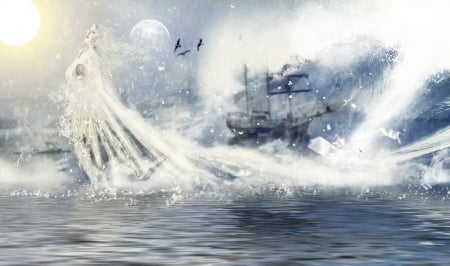 Queen of the sea - moon, girl, sun, water, summer, fantasy, storm, ghost, ship, queen, luminos, luna, sea