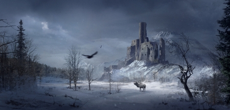 Fantasy - bird, winter, blue, raven, horns, fantasy, white, crow, deer, pasare, art, castle, luminos