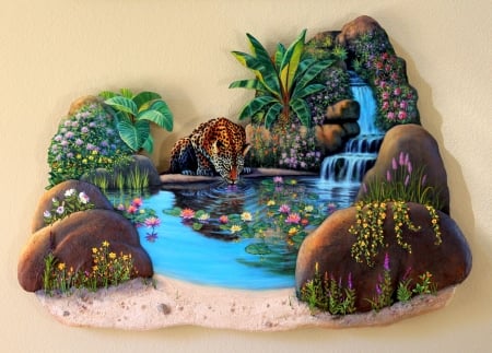 The watering hole - animal, water, waterfall, summer, tiger, luminos