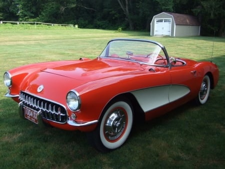 1957 Chevy Classy Vette - white, sporty, whitewalls, red, convertible