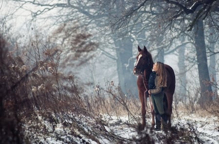 Kiss In The Woods. . - style, girls, western, women, models, ranch, outdoors, horses, brunettes, cowgirl, fun, woods, female, trees, boots, fashion