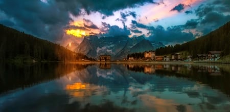 Dolomites - lake, sky, mountain, hills, dolomites, sunset, darkness, village, reflection, mirror, beautiful, clouds