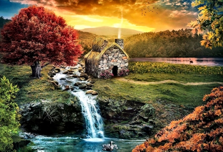 Waterfall With Stone House in Distance - wide screen, cottage, landscape, photography, illustration, beautiful, architecture, scenery, photo