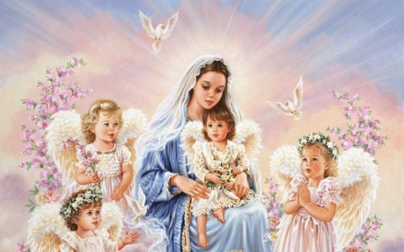 Virgin Mary and Angels - doves, mary, angels, virgin, heaven