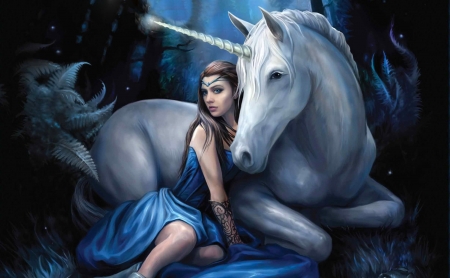 Beautiful Friends - pretty, female, blue, beautiful, serene, girl, lovely, fantasy, digital, woman, nice, unicorn, art