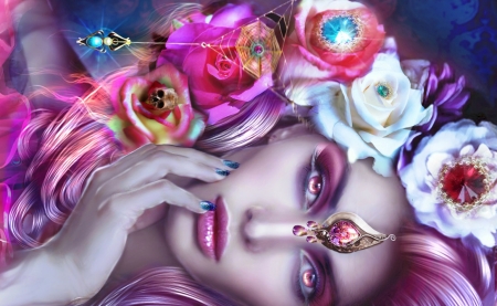 Queen of Gardens - pretty, female, beautiful, girl, lovely, flowers, fantasy, digital, woman, jewelry, face, nice, art