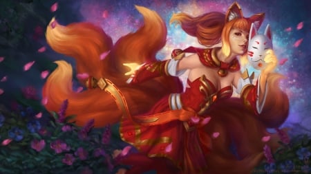 Kitsune - girl, frumusete, fantasy, fox, ears, red, luminos, orange, nine tails, kitsune, ahri