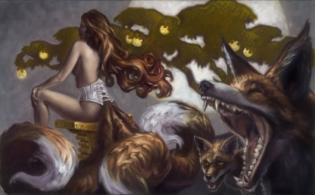 Kitsune - tails, fox, art, girl, luminos, animal, kitsune, fantasy