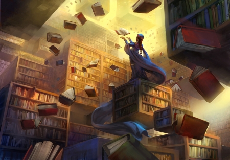 Archivist - library, yellow, archivist, blue, book, girl, fantasy, art, julie dillon, luminos