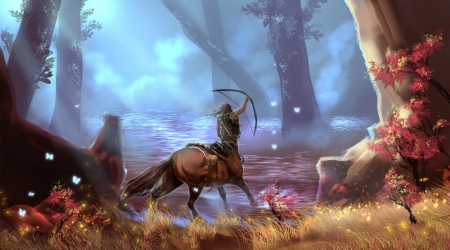 Centaur - archer, blue, centaur, forest, man, horse, fantasy, art, luminos