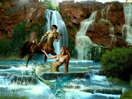 Fantastic couple - water, summer, girl, centaur, man, fantasy, waterfall, mermaid, couple, luminos