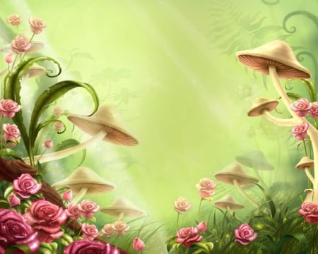 Flowers and mushrooms - trandafir, mushroom, luminos, pink, green, summer, rose, flower