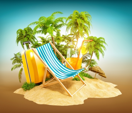 Happy Summer - palm tree, palmas, summer, funny, chaiselongue, suitcase, yellow, blue, green, card, island, creative fantasy