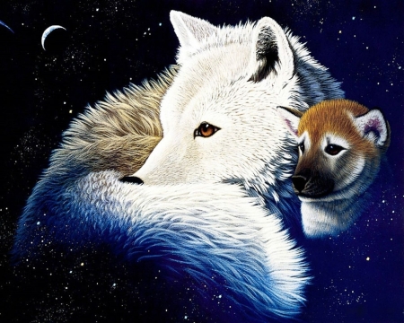 Wolves - cub, sky, lup, taile, wolf, white, painting, art, luminos, william schimmel, pictura