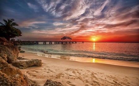 Sunset at Pigeon Point, Tobago - clouds, water, beach, sea, sun, sky, pier