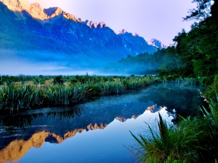 Mirror Lake - trees, nature, mirror, mist, sunrise, lake, mountains, reflection