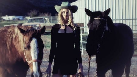 Leading The Way. . - style, girls, western, hailey clauson, women, models, hats, ranch, outdoors, horses, cowgirl, fun, female, barn, blondes, fashion