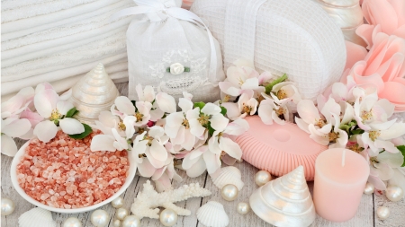 Relaxation - relax, blooms, blossoms, slts, spa, tranquil, flowers, Firefox Persona theme, sea shells, potpouri