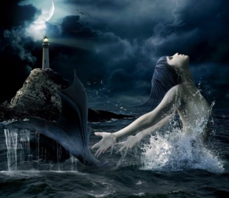 The Mermaid And The Lighthouse - moon, lighthouse, art, mermaid, storm