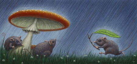 Rainy day - rodent, fantasy, animal, mushroom, rain, mouse, mice, luminos