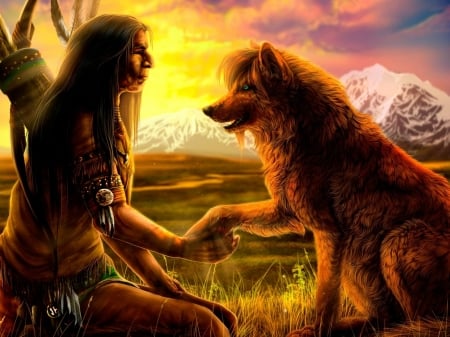 Native With Wolf - fantasy, art, native, wolf