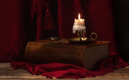 Still Life - candle, still life, book, dark red