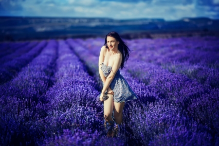 Katrina on Lavender Field - girl, pose, flowers, brunette, model, lavender, cleavage