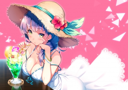 Girl - hat, manga, anime, wind, bu kunn, dress, girl, pink