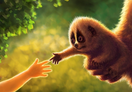 Hello! - creature, animal, fantasy, cute, jiang zhi, hand, luminos