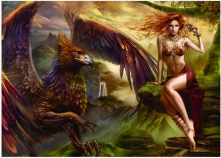 The griffin and the girl - redhead, girl, luminos, griffin, fantasy, cris ortega, griphon