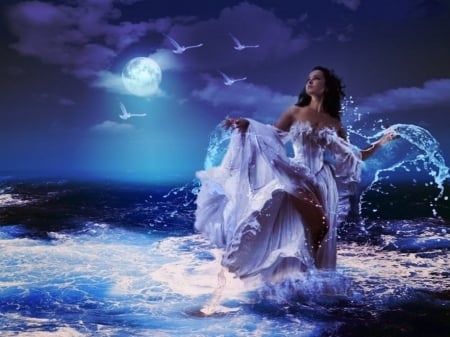 Moonlight - moon, water, summer, blue, girl, sea, night, fantasy, wave, luminos, luna