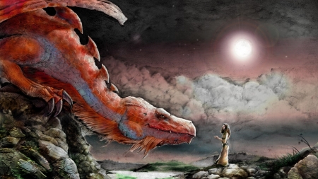 The dragon - fantasy, orange, dragon, girl, art