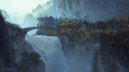 Rivendell - lord of the rings, fantasy, world, waterfall, rivendell, lotr, luminos, bridge