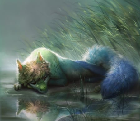 Dragon - water, summer, blue, tail, fur, fantasy, tamberella, dragon, lake, luminos