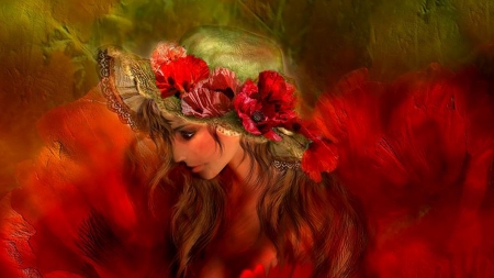 Woman in Poppy Hat - woman, hat, blossoms, red, vintage, beautiful, flowers, poppies, firefox persona theme