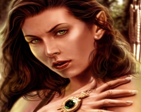 Emerald Eyes - digital, jewelry, elf, emerald eyes, woman, art