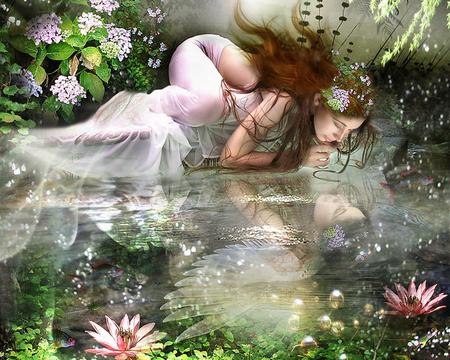 pond girl - flowers, trees, woman, fairy, lake