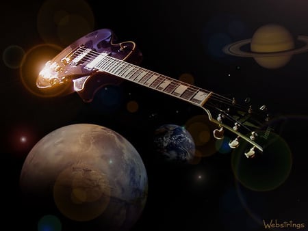 Gibson in Space - flying, purple, planets, guitar, gibson, space