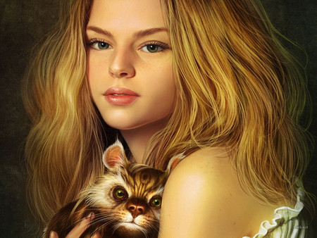 Green eyed girl and creature - innocence, green eyes, cat creature, pretty, blond