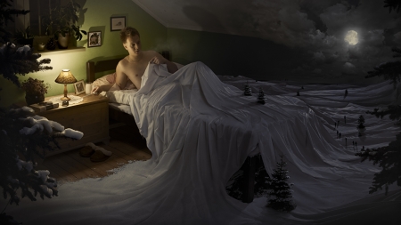 Dreams - moon, bed, dark, luminos, man, luna, creative, fantasy