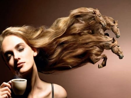 :-) - woman, coffee, girl, creative, fantasy, model, cai, cup, brown, horse