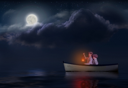 Moonlight - moon, water, summer, boat, sea, children, copil, boy, cloud, luna