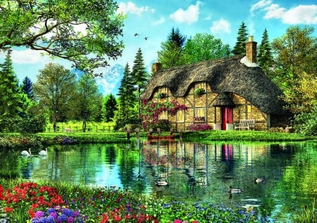 Lake View Cottage FC - wide screen, cottage, lake, photography, water, beautiful, architecture, scenery, photo