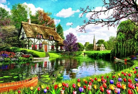 Lakeside Cottage F - water, scenery, beautiful, photography, photo, architecture, wide screen, tulips, lake